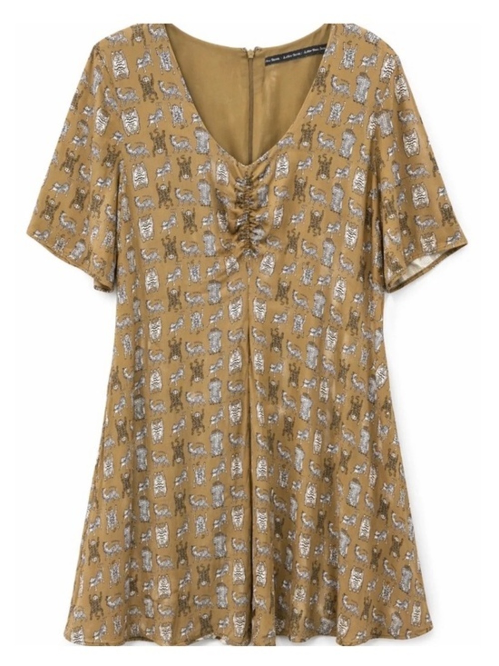 & Other Stories Short Sleeve Mini Dress Animal Safari Pattern Khaki Brown Size 8